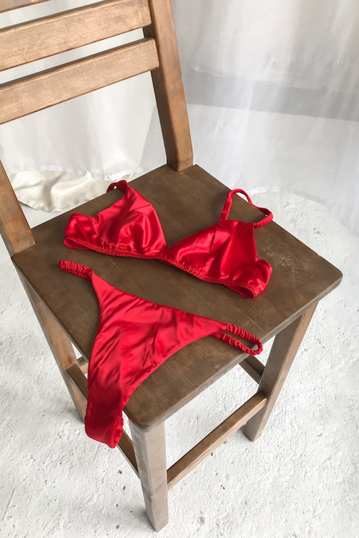 Red satin women's thong panties